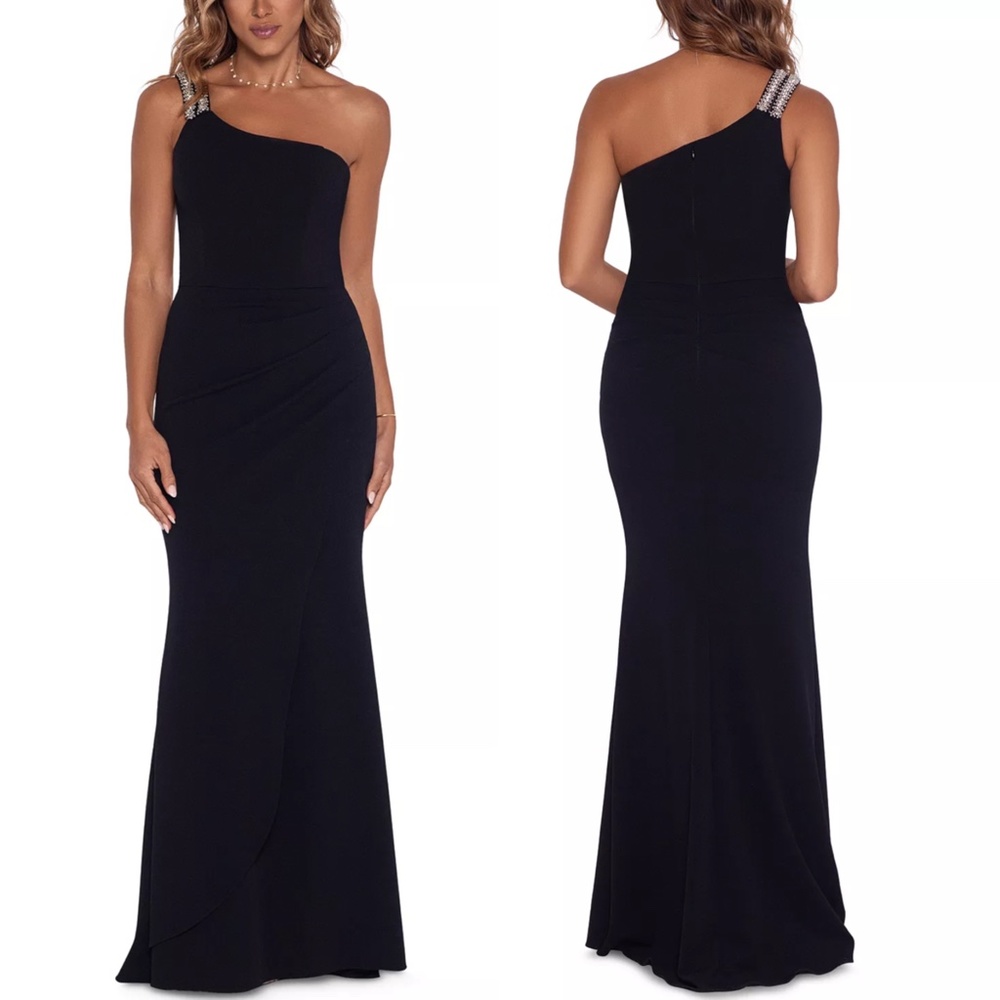 NEW XSCAPE Black RHINESTONE STRAP One Shoulder RUCHED Evening Dress GALA GOWN 8